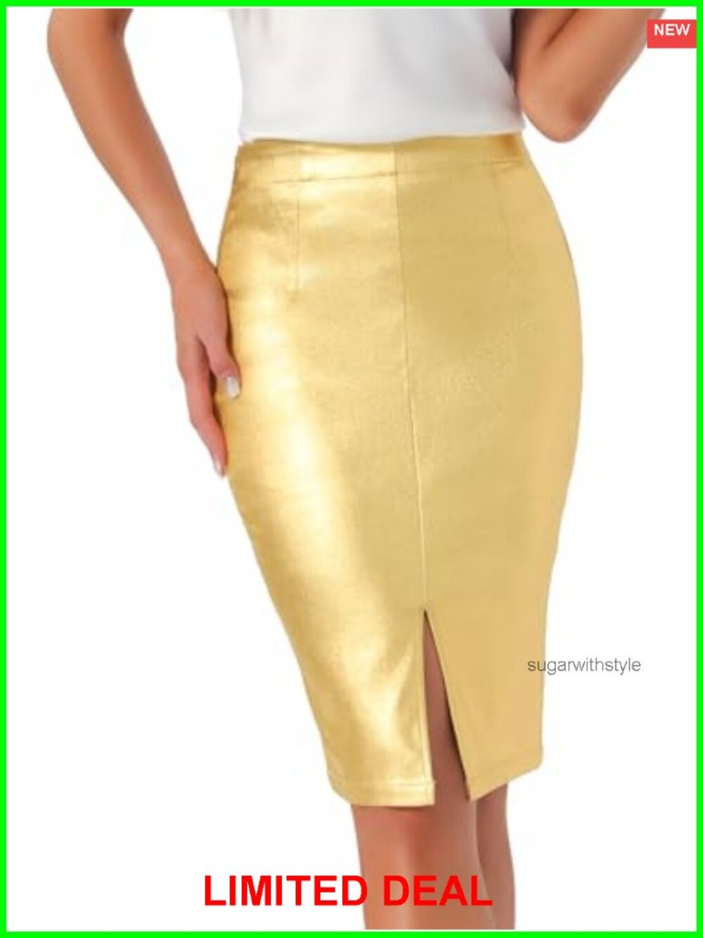 Holographic High Waist Midi Bodycon Pencil Skirt Front Slit